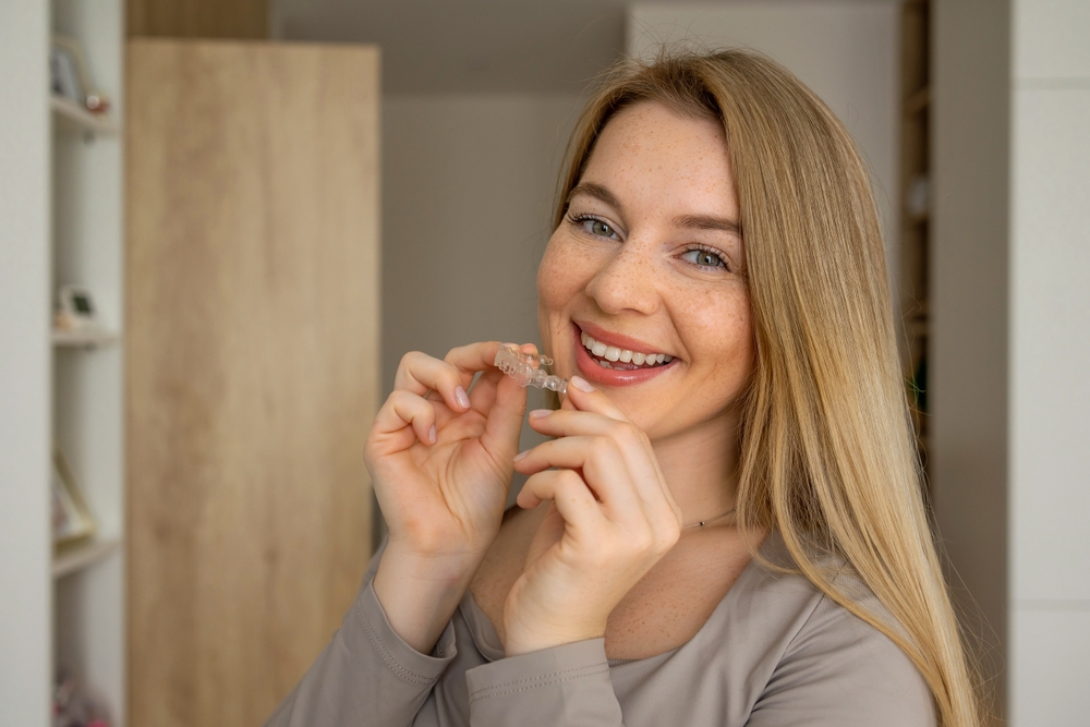 A cheerful woman with blonde hair and freckles holding a clear orthodontic aligner, smiling warmly.